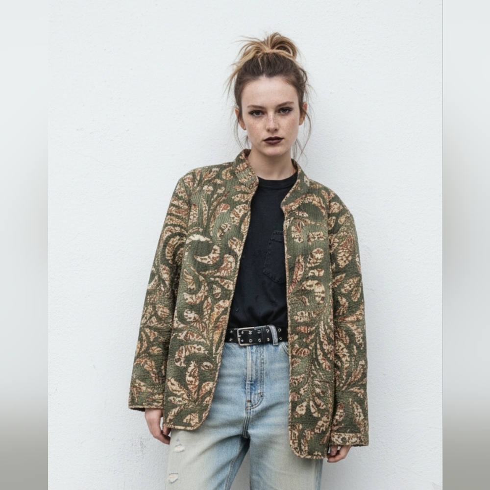 Brown Green Quilted Reversible Jacket Boho Floral Lightweight XL+